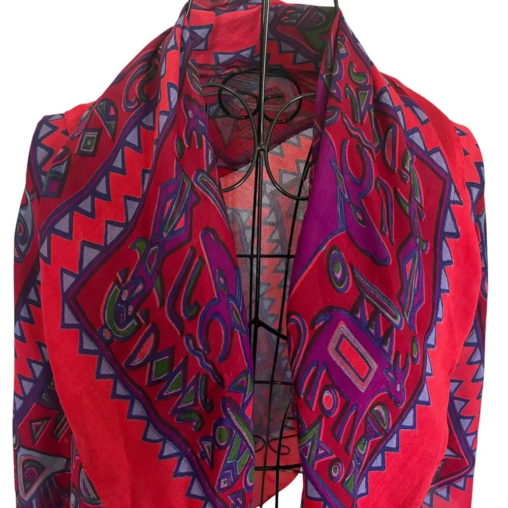 RAGA NY !00% Woven Silk Scarf Wrap Shawl Native Art Southwest Boho Lagenlook